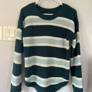 Teal and White Striped Women's Crew Neck Sweater